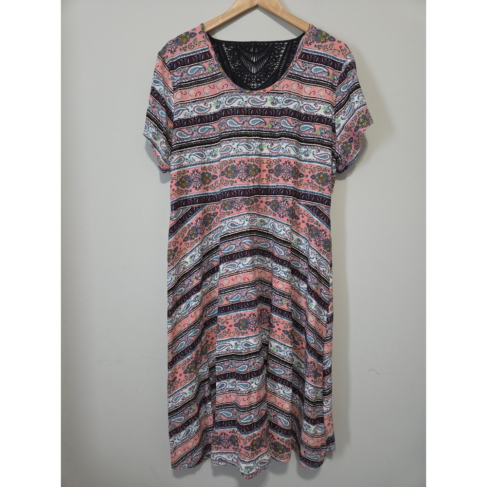 Bobbie Brooks Womens 1X Pink Paisley Crochet Lace Back Midi Dress Short Sleeve